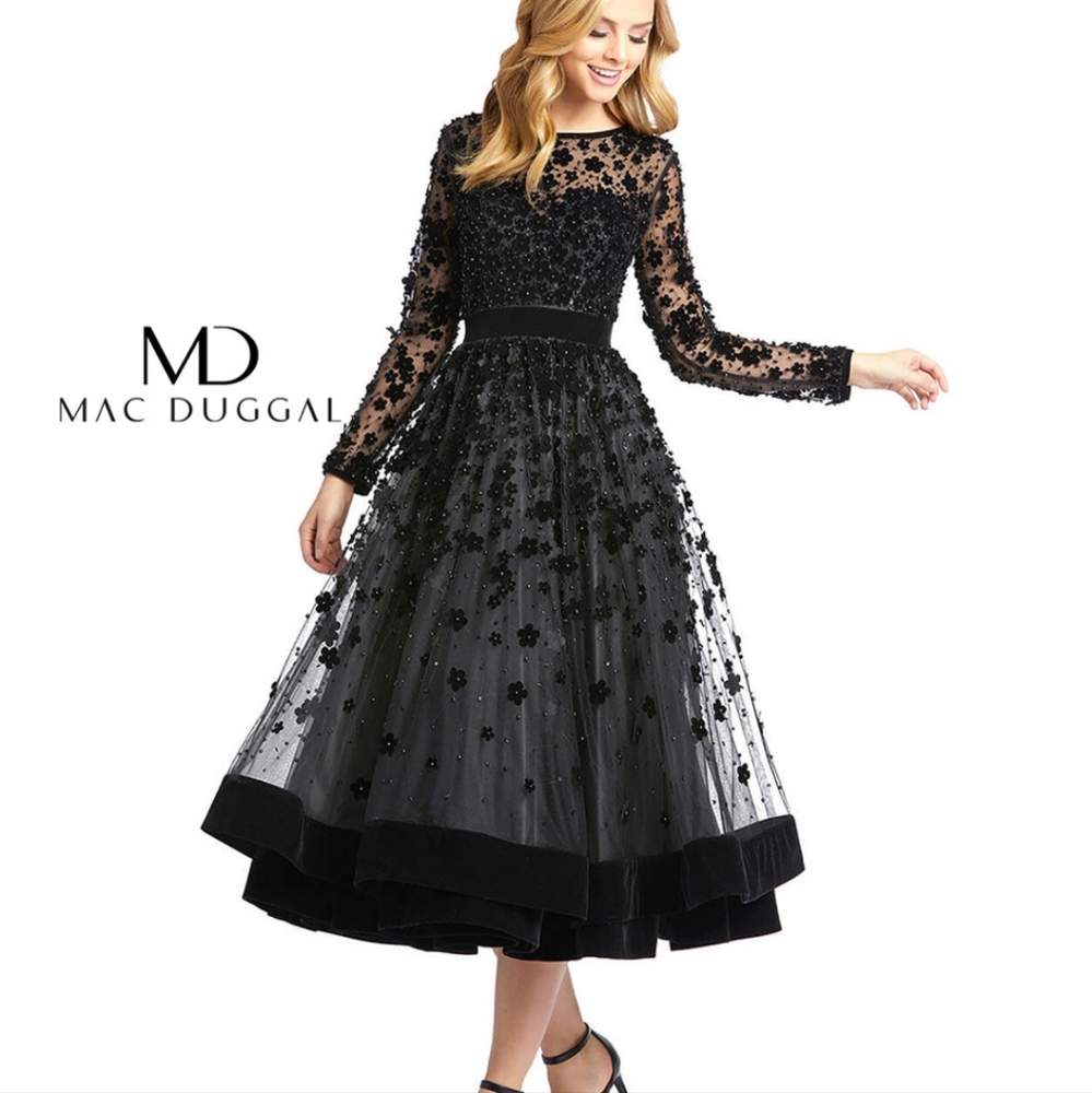 Mac Duggal Floral Embossed Illusion Dress | Black | Size 4 | NWT | Tea-Length